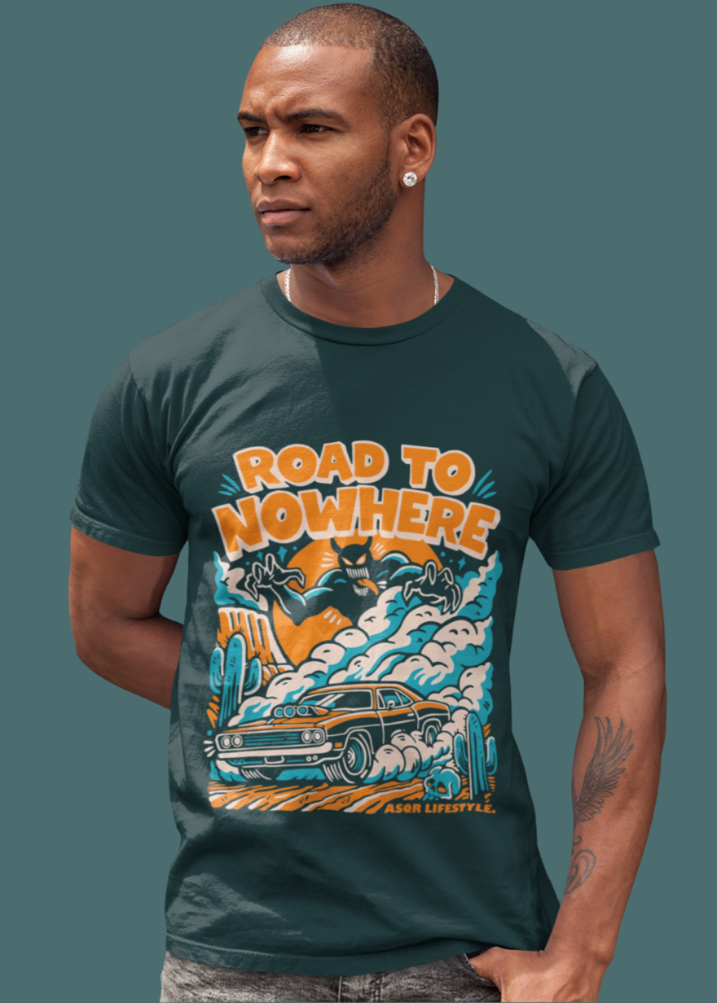 Men's Retro Horror Graphic Tee - "Road to Nowhere" Print | Petrol Blue