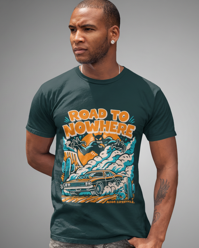 Men's Retro Horror Graphic Tee - "Road to Nowhere" Print | Petrol Blue