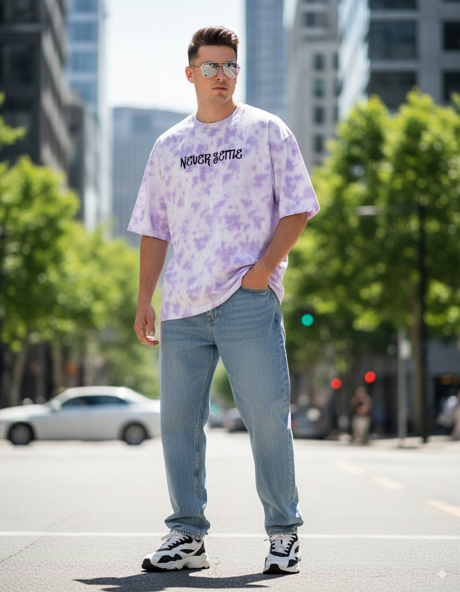 “Never Settle” Dreamscape Oversized Tee – White & Lavender Tie-Dye