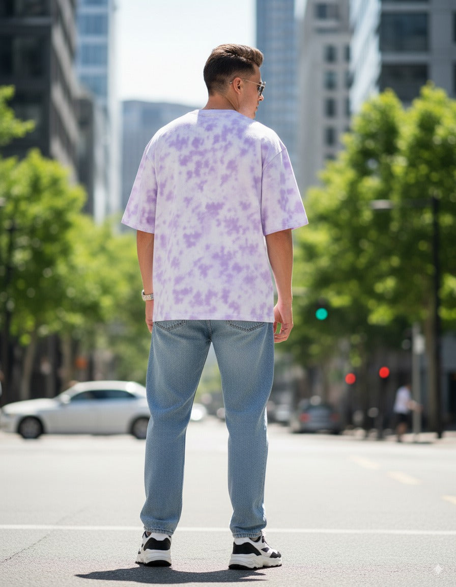“Never Settle” Dreamscape Oversized Tee – White & Lavender Tie-Dye