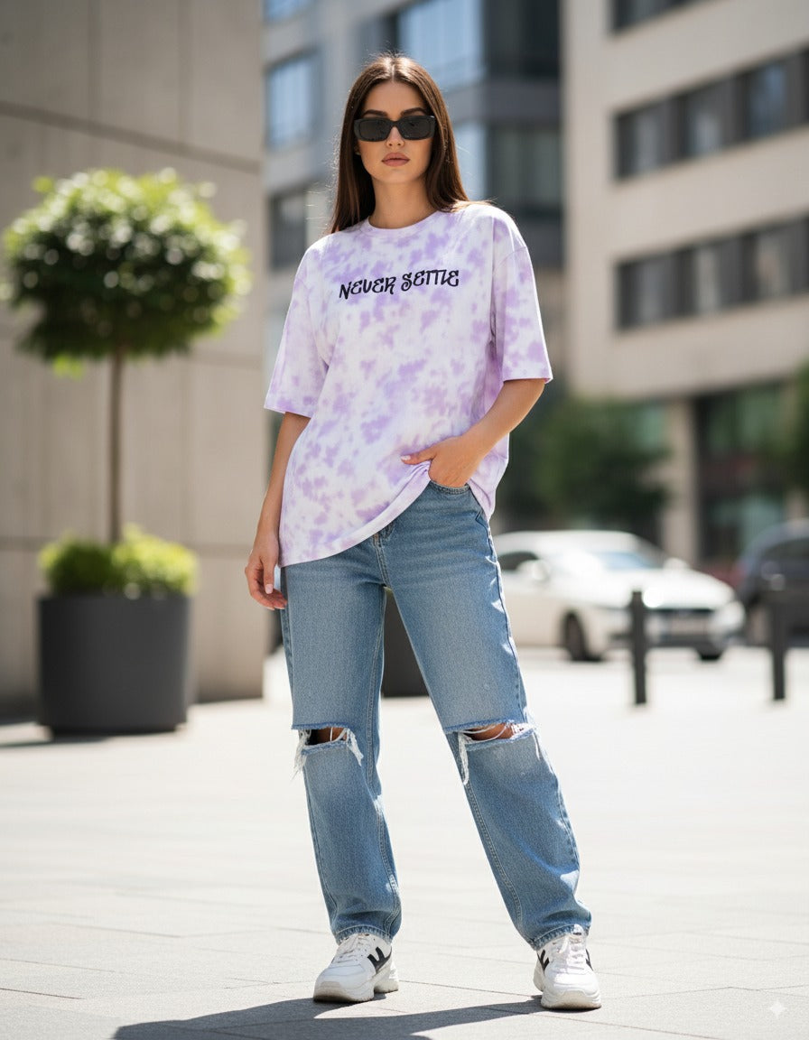 “Never Settle” Dreamscape Oversized Tee – White & Lavender Tie-Dye