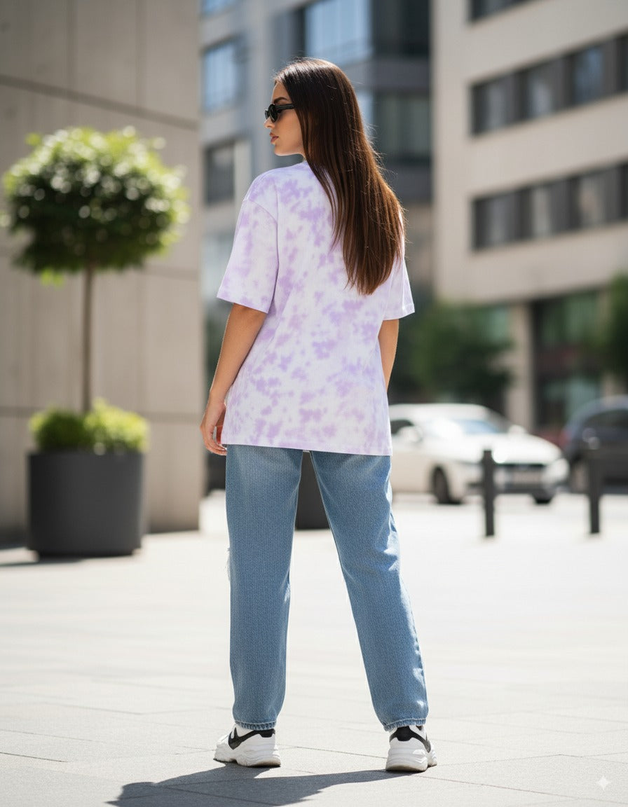 “Never Settle” Dreamscape Oversized Tee – White & Lavender Tie-Dye