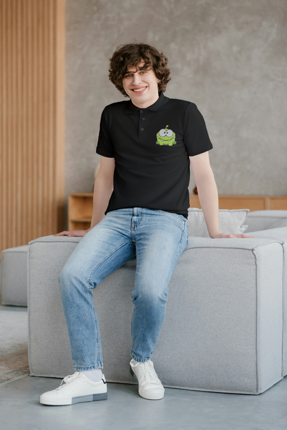 Black Polo Shirt with Om Nom Embroidery – Fun & Stylish Casual Wear