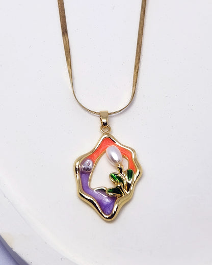 The Fluid Bloom Necklace | Enamel & Pearl Pendant