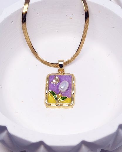 The Gilded Garden Portrait Necklace | Enamel & Pearl Pendant