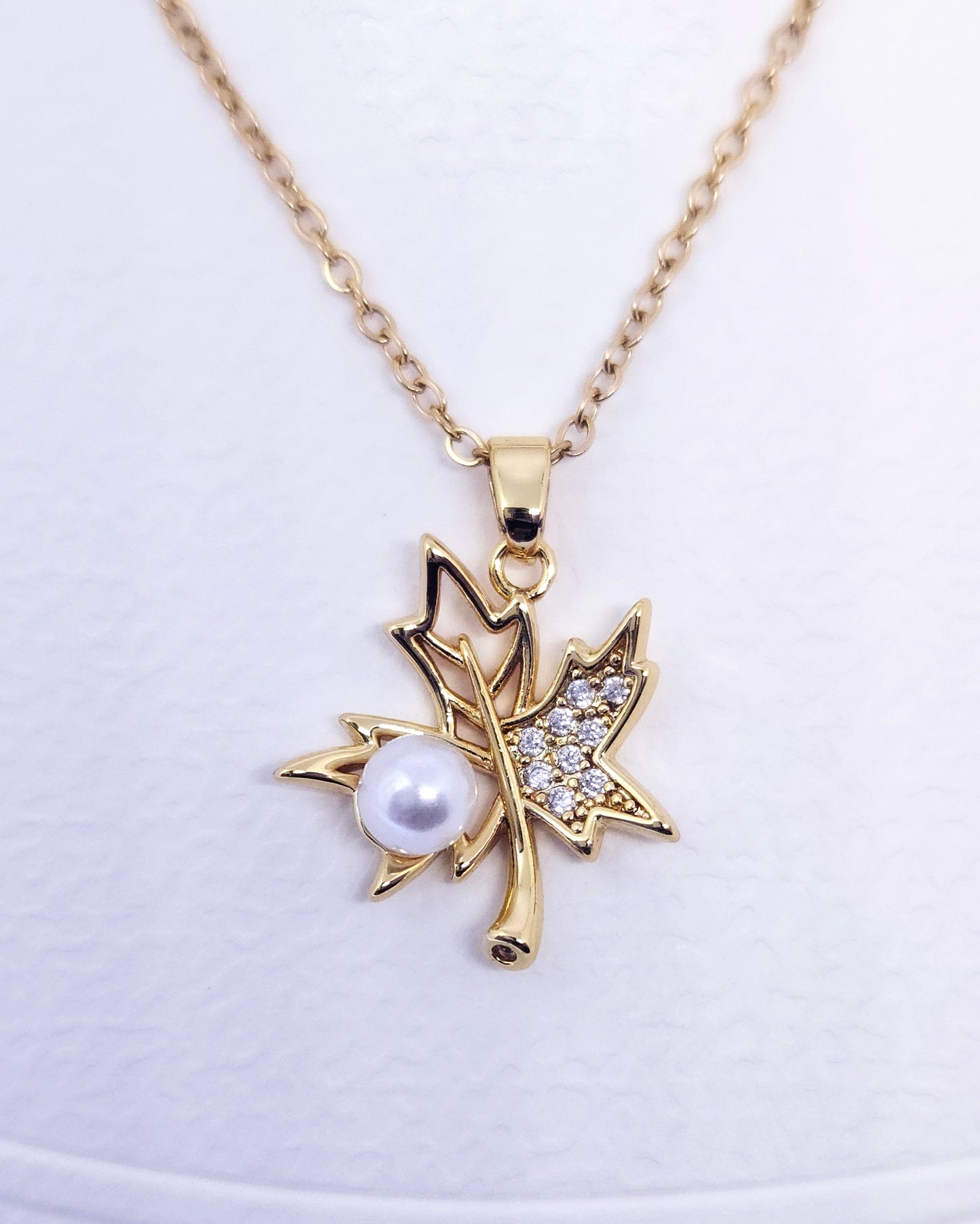 The Gilded Maple Jewelry Set | Pearl & Crystal Leaf Pendant