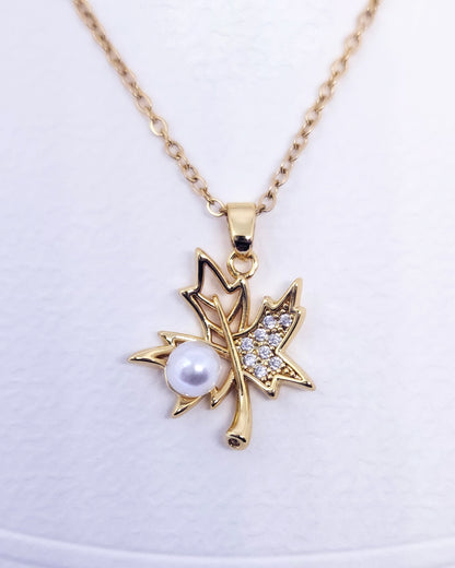 The Gilded Maple Jewelry Set | Pearl & Crystal Leaf Pendant