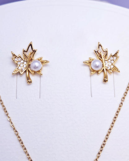 The Gilded Maple Jewelry Set | Pearl & Crystal Leaf Pendant