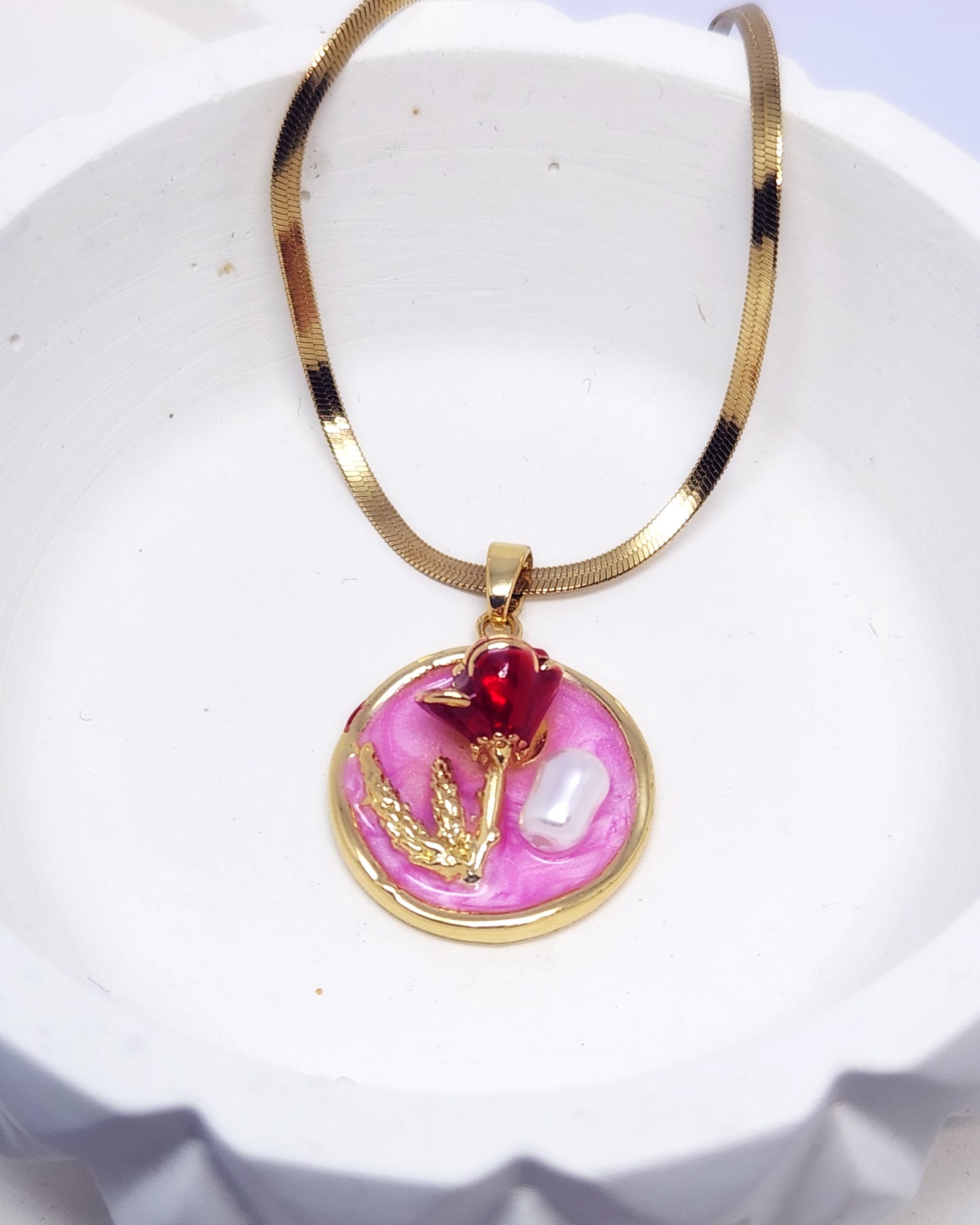 The Rose Portrait Pendant | Modern Enamel & Pearl Art