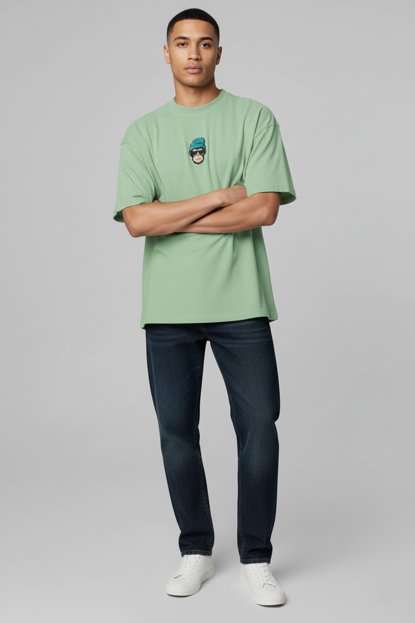 Oversized Drop Shoulder French Terry T-Shirt | Embroidered Chill Monkey | Jade Green