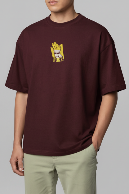 Johnny Bravo "HUNK!" Embroidered Tee | Maroon Oversized Terry T-Shirt