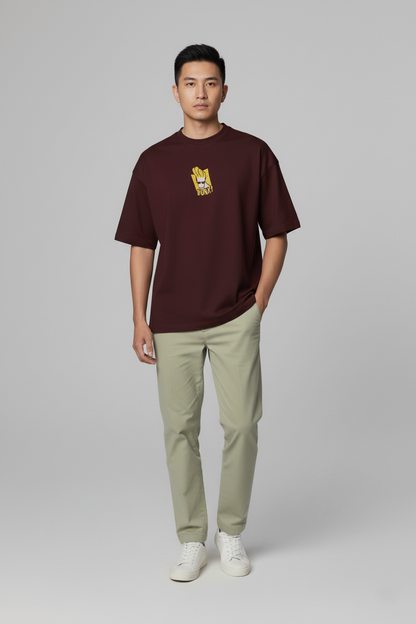 Johnny Bravo "HUNK!" Embroidered Tee | Maroon Oversized Terry T-Shirt