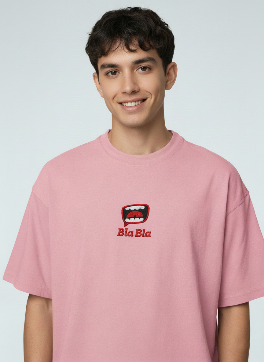 French Terry Knit Oversized T-Shirt - Flamingo Pink | "Bla Bla" Embroidery | Unisex