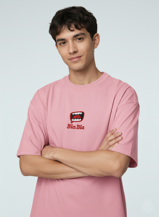 French Terry Knit Oversized T-Shirt - Flamingo Pink | "Bla Bla" Embroidery | Unisex