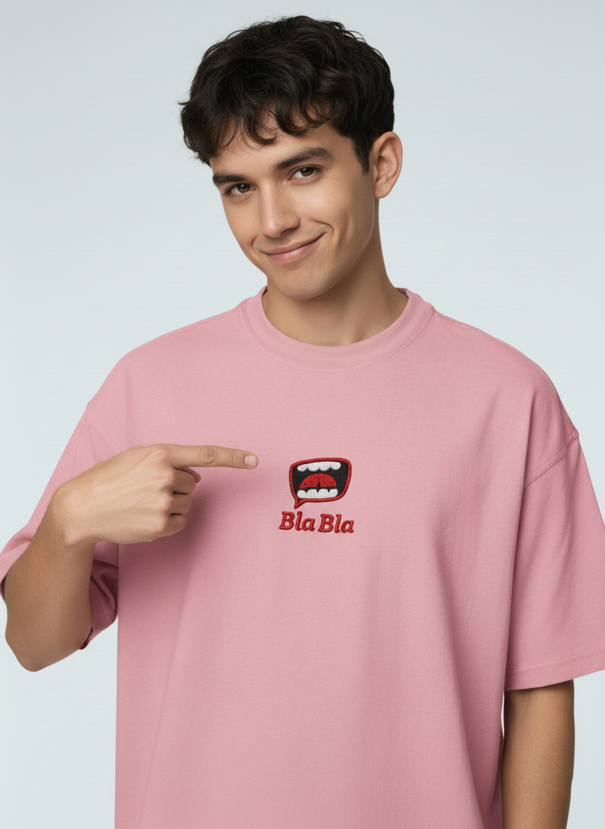 French Terry Knit Oversized T-Shirt - Flamingo Pink | "Bla Bla" Embroidery | Unisex