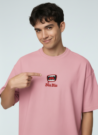 French Terry Knit Oversized T-Shirt - Flamingo Pink | "Bla Bla" Embroidery | Unisex