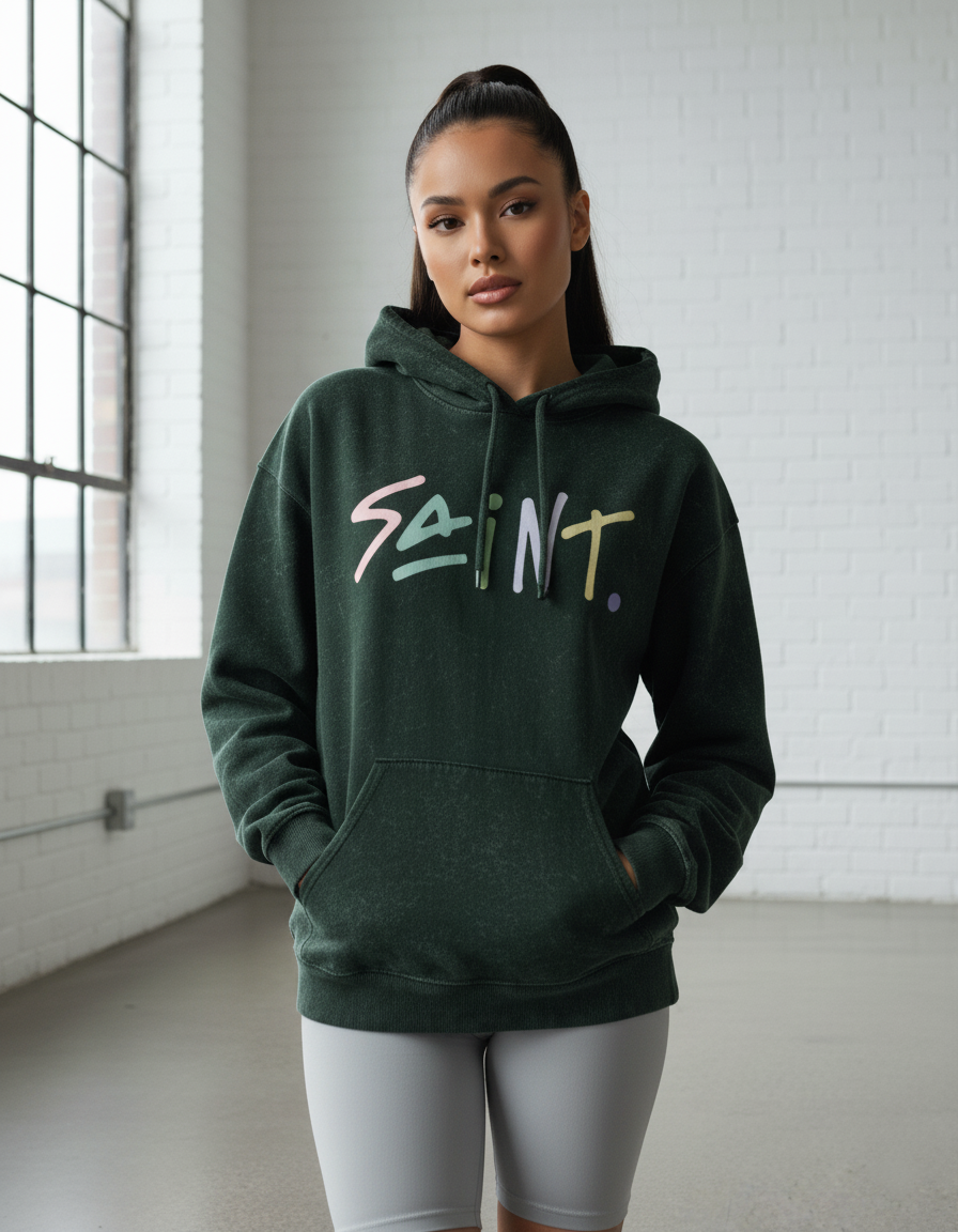 SAINT Pastel Acid Wash Hoodie in Bottle Green