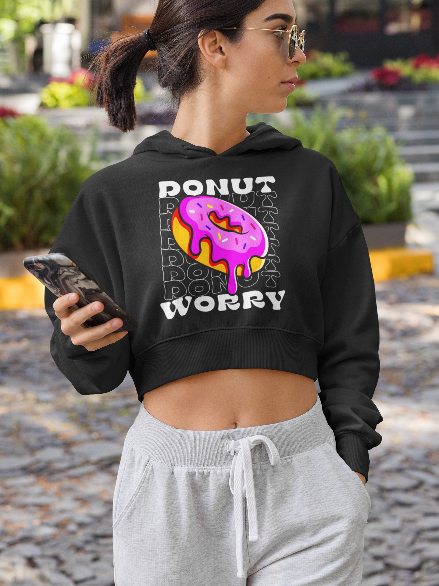 Donut Worry Black Crop Hoodie – Sweet Style with a Sprinkle of Humor!