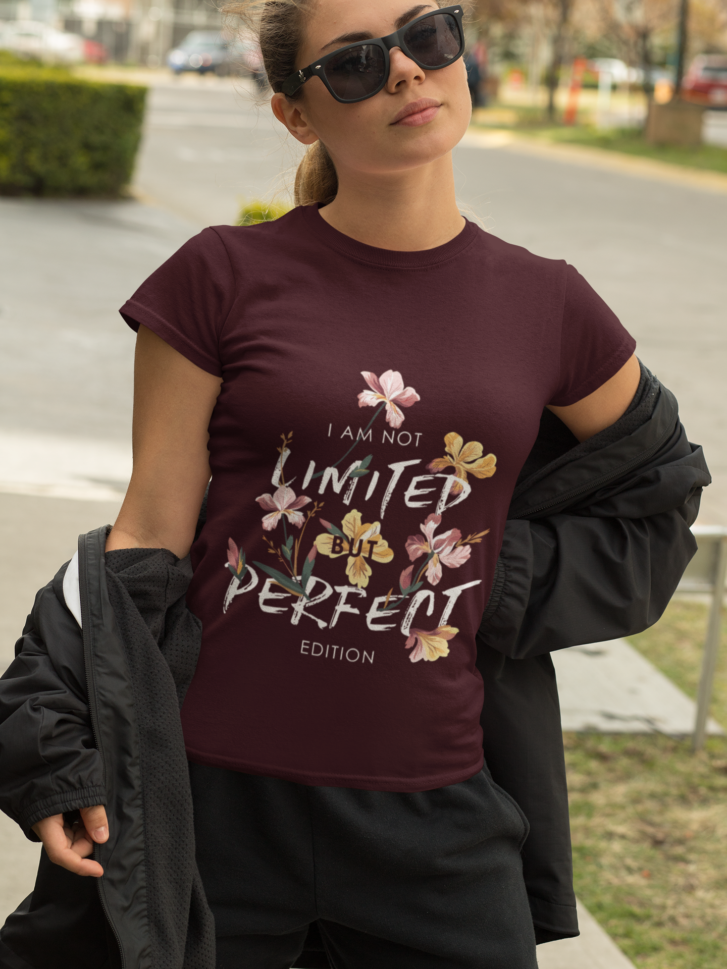 Women's Maroon T-Shirt – Elegant Floral Print 'I Am Not Limited, But Perfect Edition'