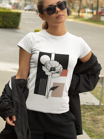 Minimalist Floral Women's T-Shirt – Classic White with Monochrome Design