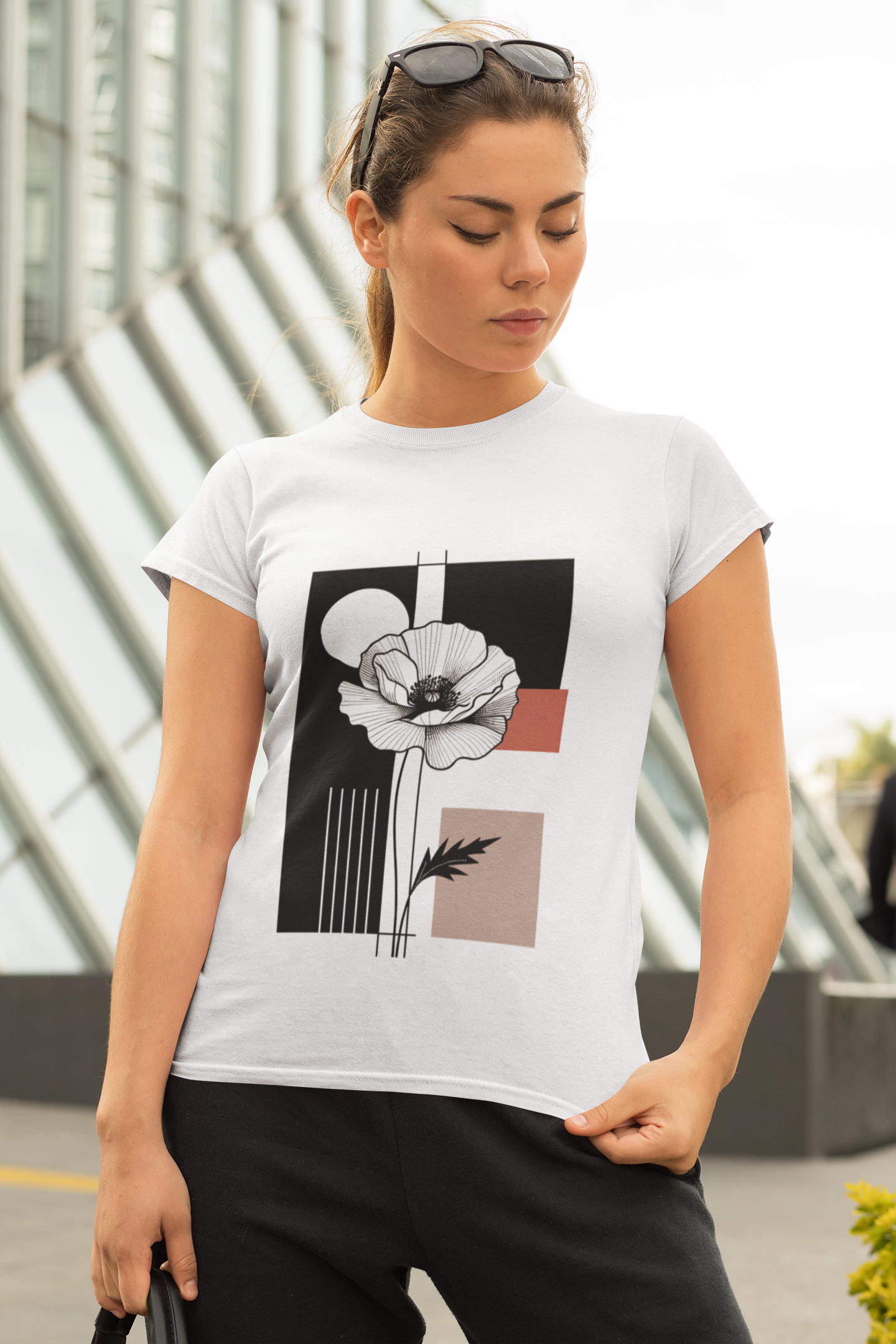 Minimalist Floral Women's T-Shirt – Classic White with Monochrome Design