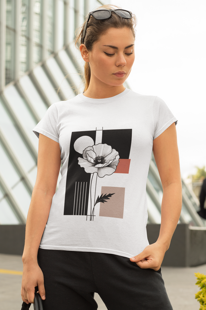 Minimalist Floral Women's T-Shirt – Classic White with Monochrome Design