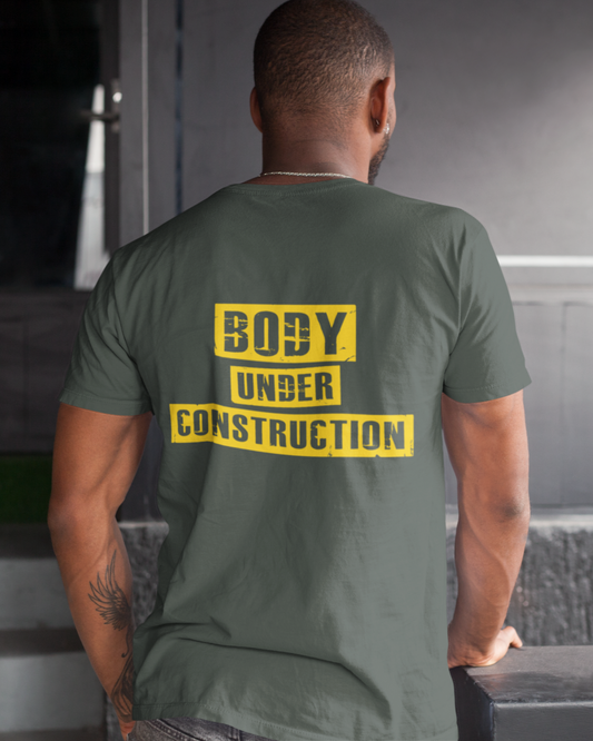 "Body Under Construction" Printed Round Neck Half Sleeve Steel Grey T-shirt