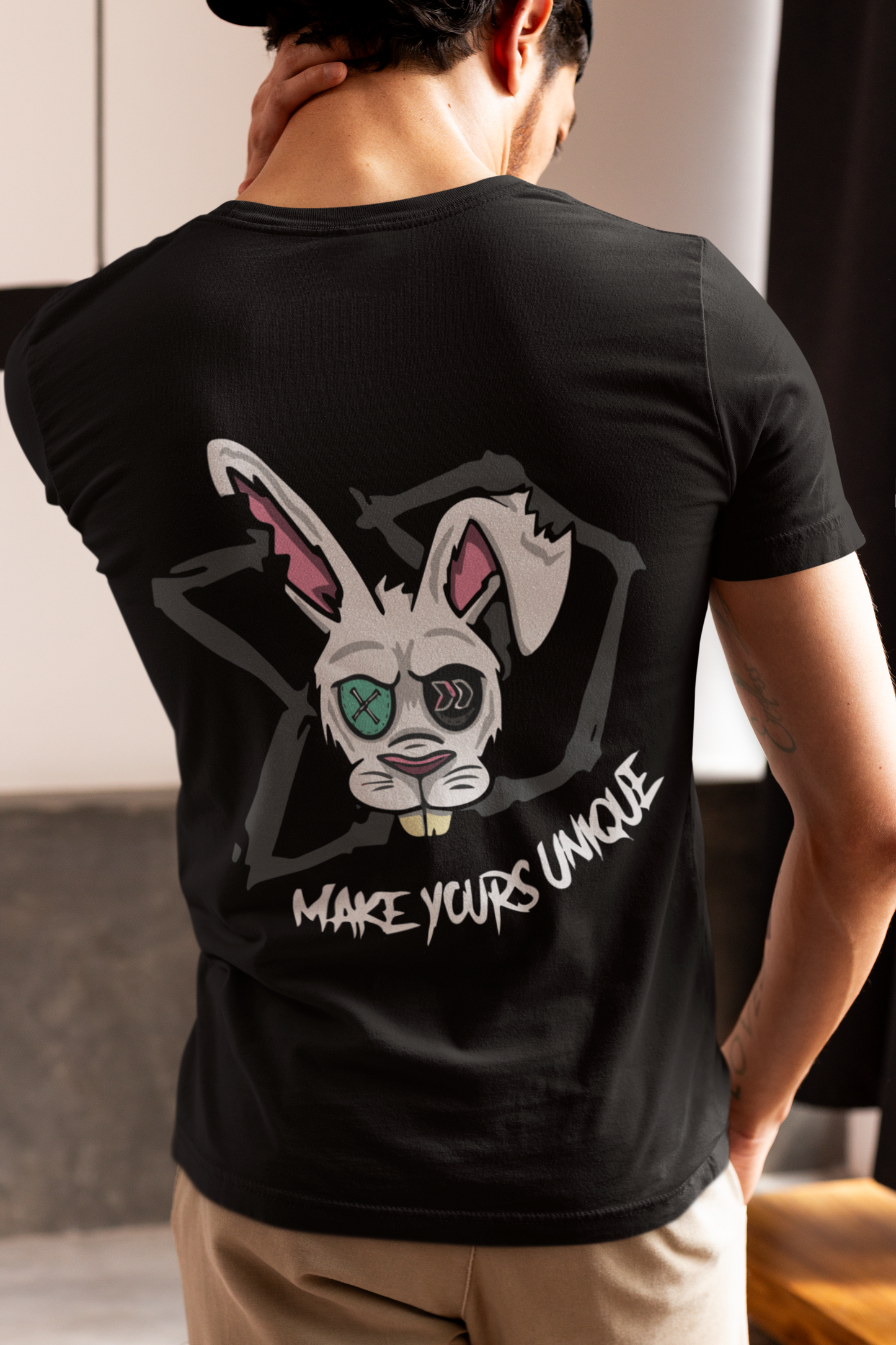 "Rabit Head" Printed Round Neck Half Sleeve Black T-shirt