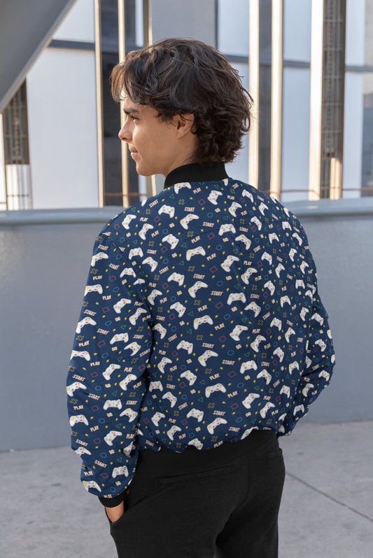 Level Up: Gamer's Blue Game Controller Print Bomber Jacket