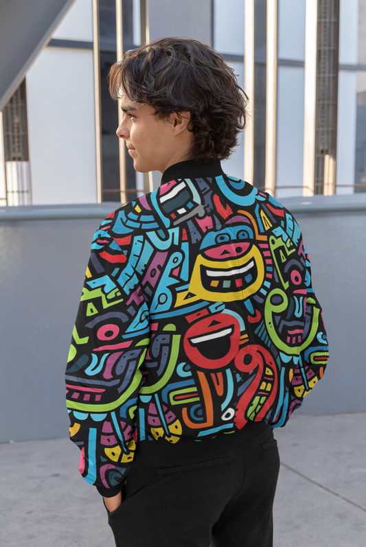 Smiley Motif Multicolor Bomber Jacket for Men