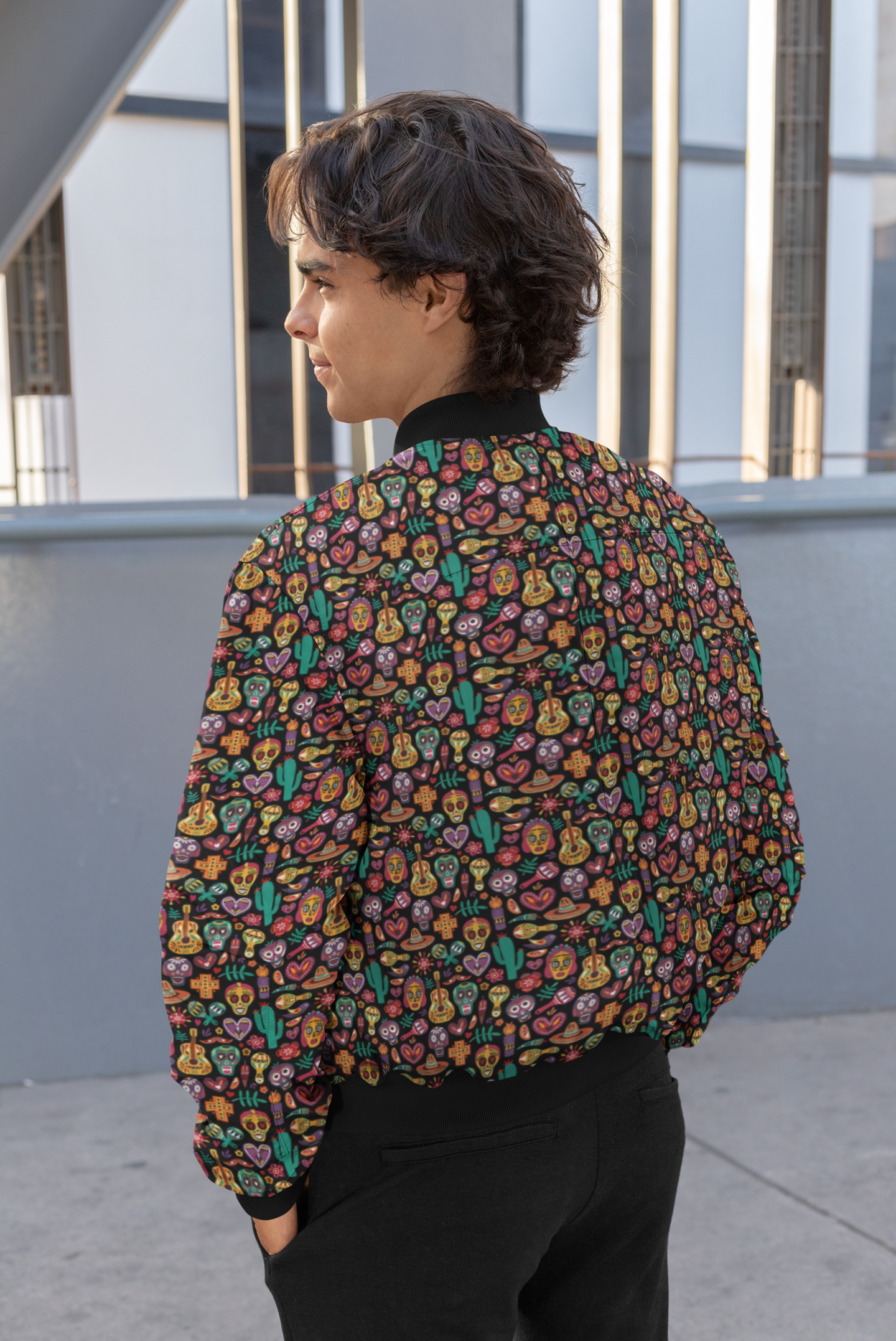 Fiesta of Skulls: Playful Men's Themed Bomber Jacket
