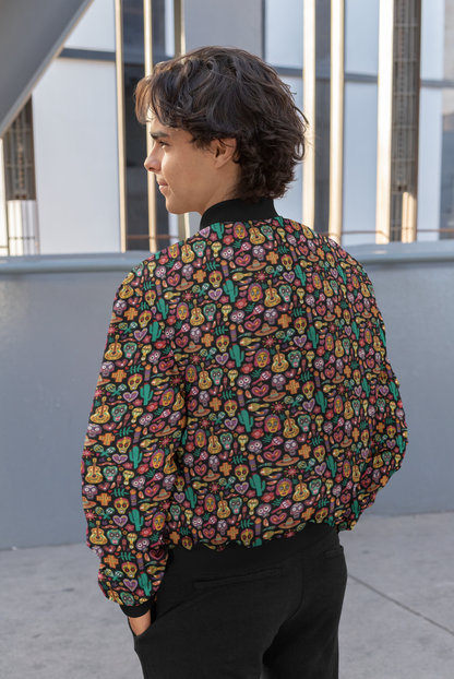 Fiesta of Skulls: Playful Men's Themed Bomber Jacket