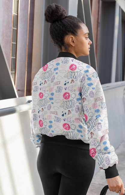 Emo Scribbles: White Notebook-Inspired Women's Bomber Jacket