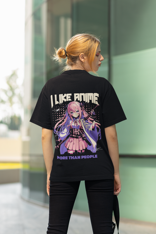 Black Oversized Unisex Anime T-Shirt: "I Like Anime More Than People" - Japanese Streetwear Style