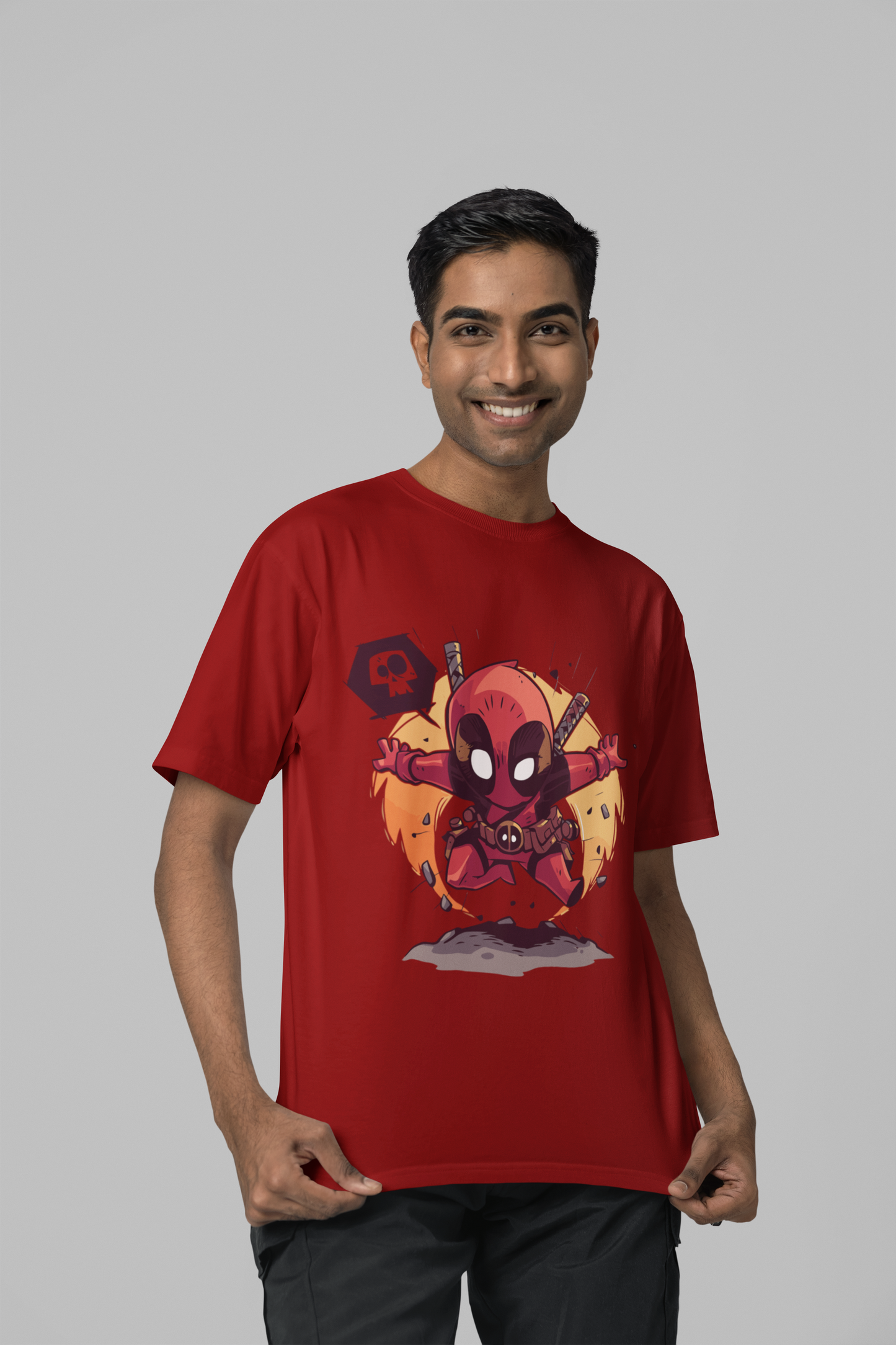 Chibi Deadpool Vibes: Oversized Unisex Red Tee