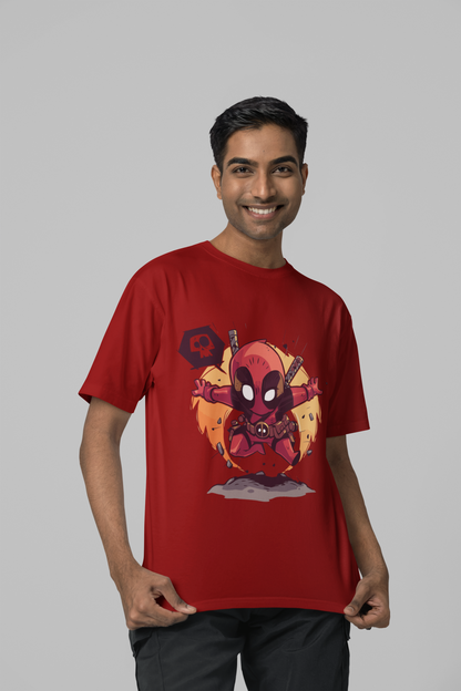 Chibi Deadpool Vibes: Oversized Unisex Red Tee