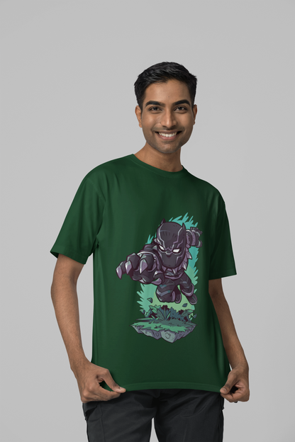 Bottle Green Oversized Unisex T-shirt With chibi Black Panther In Action