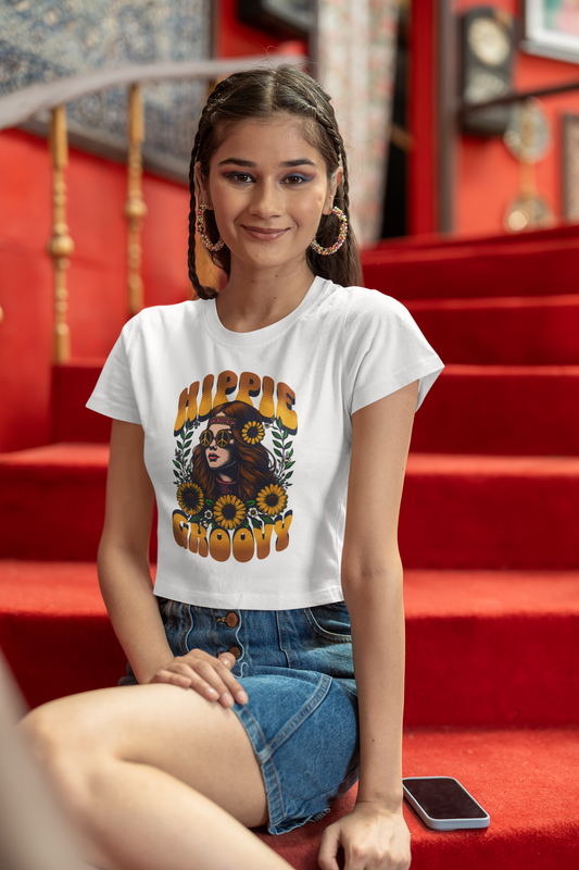 "Hippie Groovy" Printed White Crop Top