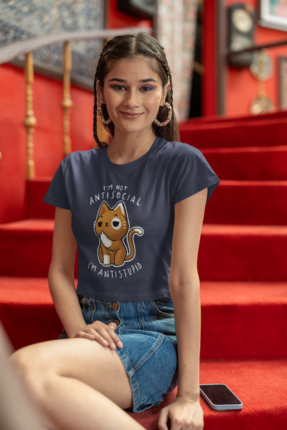 "I Am Not Antisocial" Printed Navy Blue Crop Top