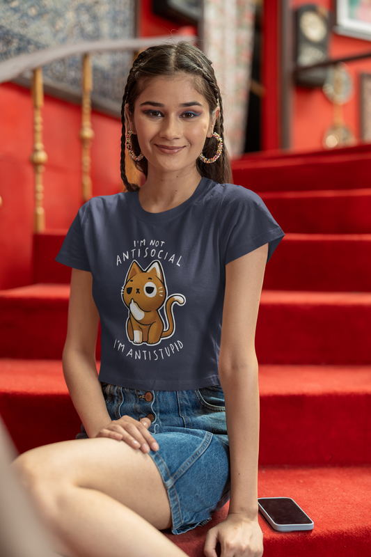 "I Am Not Antisocial" Printed Navy Blue Crop Top