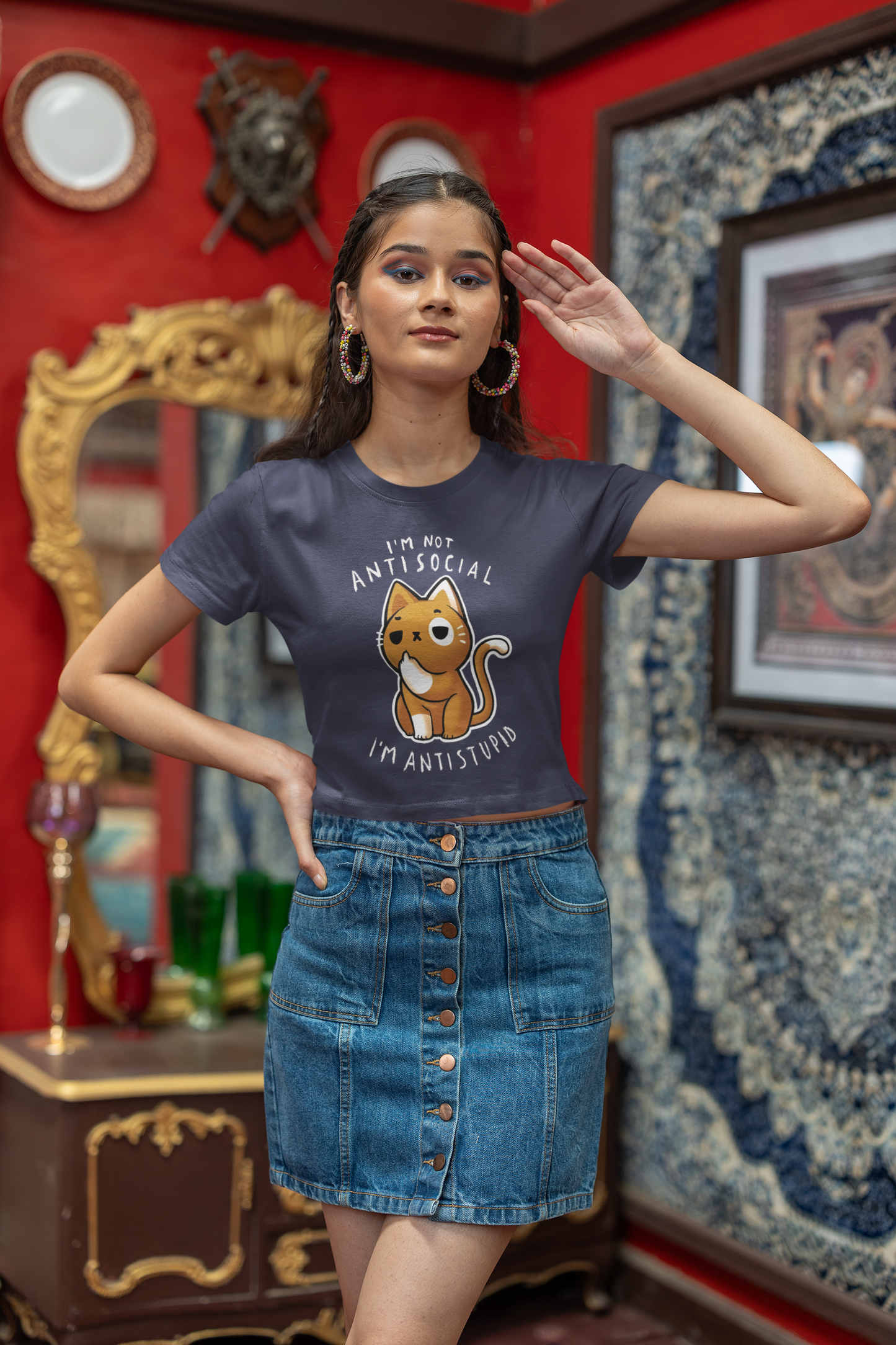 "I Am Not Antisocial" Printed Navy Blue Crop Top