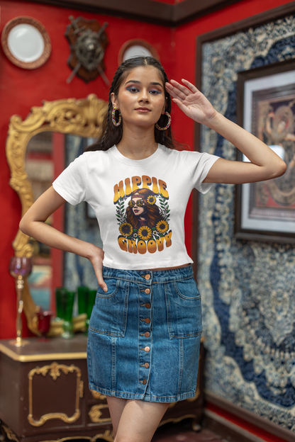 "Hippie Groovy" Printed White Crop Top