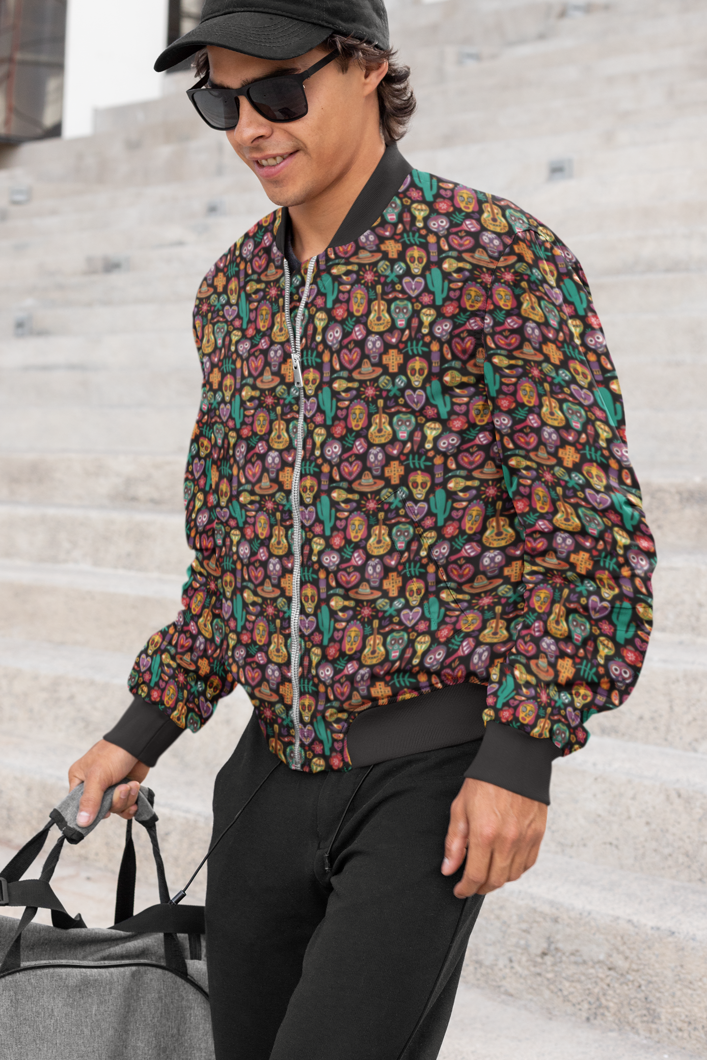 Fiesta of Skulls: Playful Men's Themed Bomber Jacket
