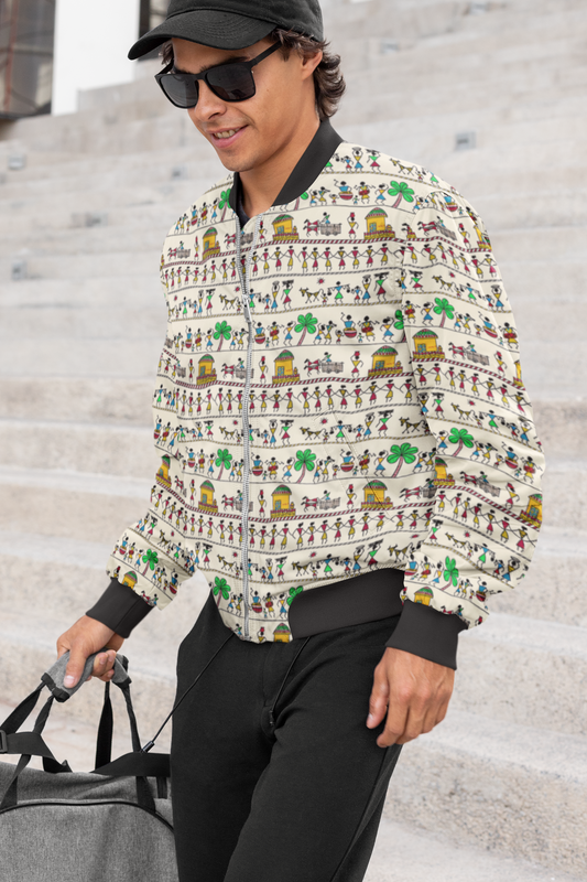 Warli Wonders: Men's Artistic Pattern Bomber Jacket
