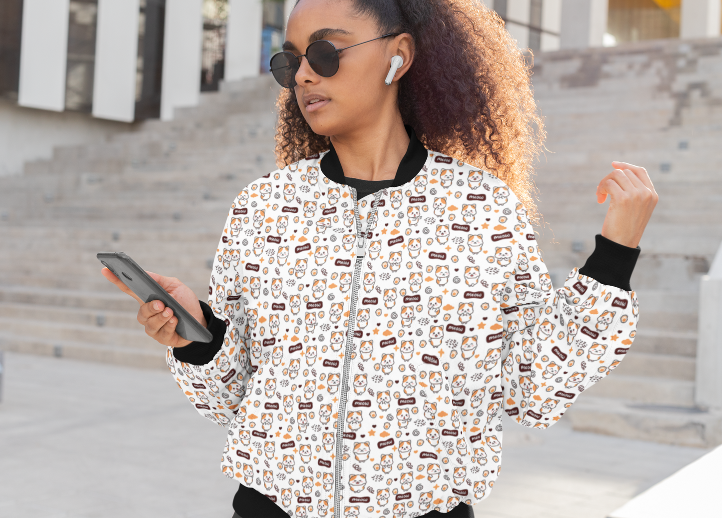 Meow Mania: Retro Cat Pattern Women's Bomber Jacket