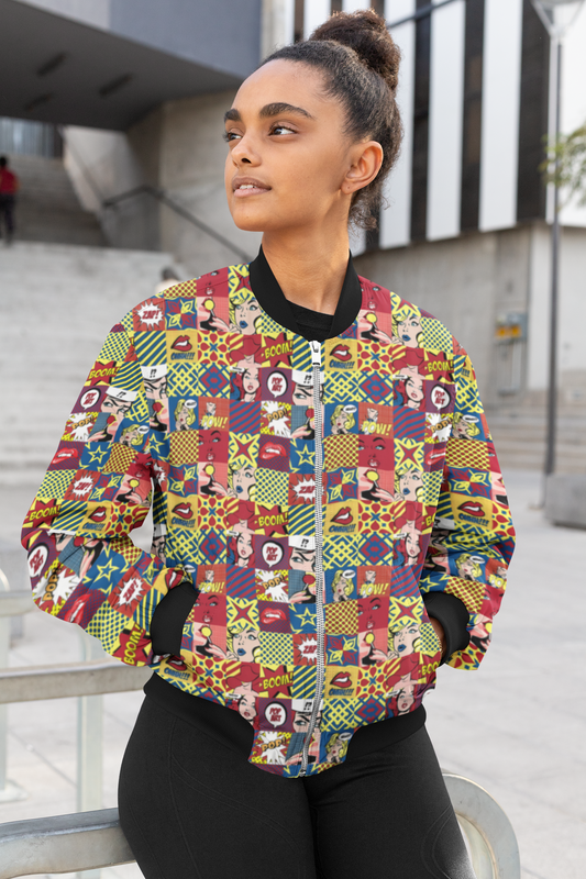 Pop Art Chic: Retro Comic-Inspired Women's Bomber Jacket