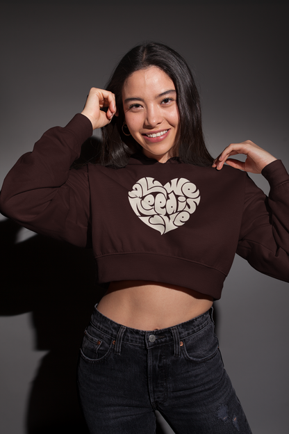 "All We Need Is Love" Heart-Shaped Print Crop Hoodie in Maroon
