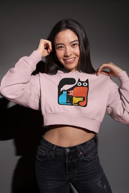 Playful Cat Squad Baby Pink Crop Hoodie – Purrfectly Chic and Cozy!