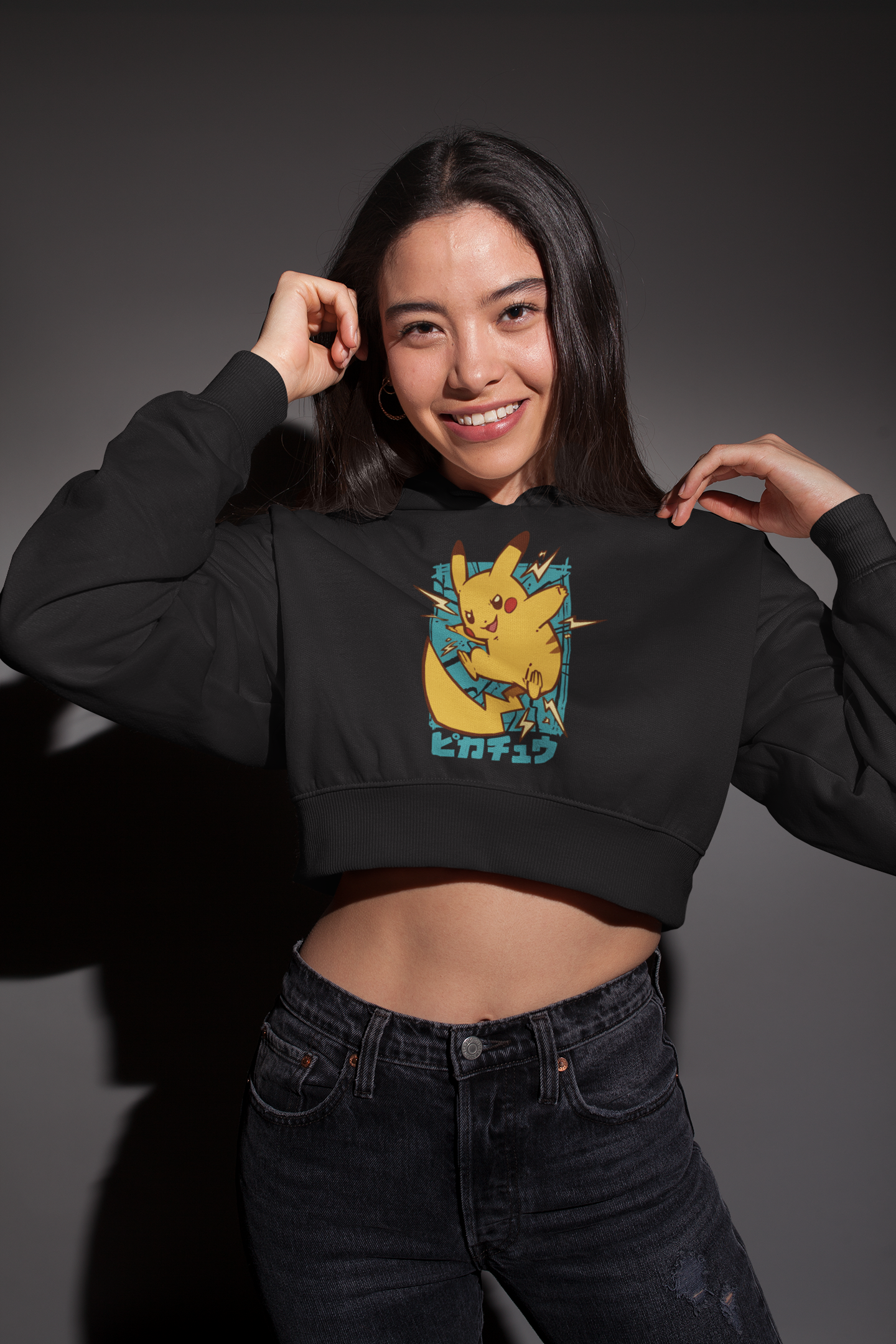 Electric Vibes Black Crop Hoodie – Pikachu Edition for a Spark of Style!