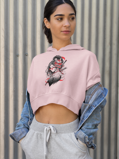 Fierce Elegance Baby Pink Crop Hoodie – Dragon Mask Samurai Girl Edition